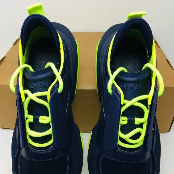 Balmain B Bold Low Top Suede/Leather Sneaker Bleu Marine/Fluorescent Yellow 12 M
